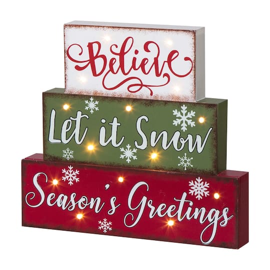 Glitzhome Led Lighted Wooden & Metal Block Lighted Christmas Tabletop Decor, One Size, Red